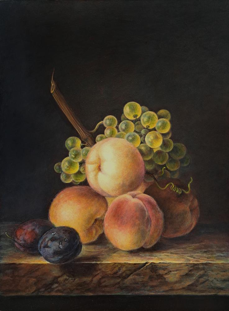 Free copy of Jan Frans van Dael painting "Still life with peaches, grapes and damson on an entablature"
