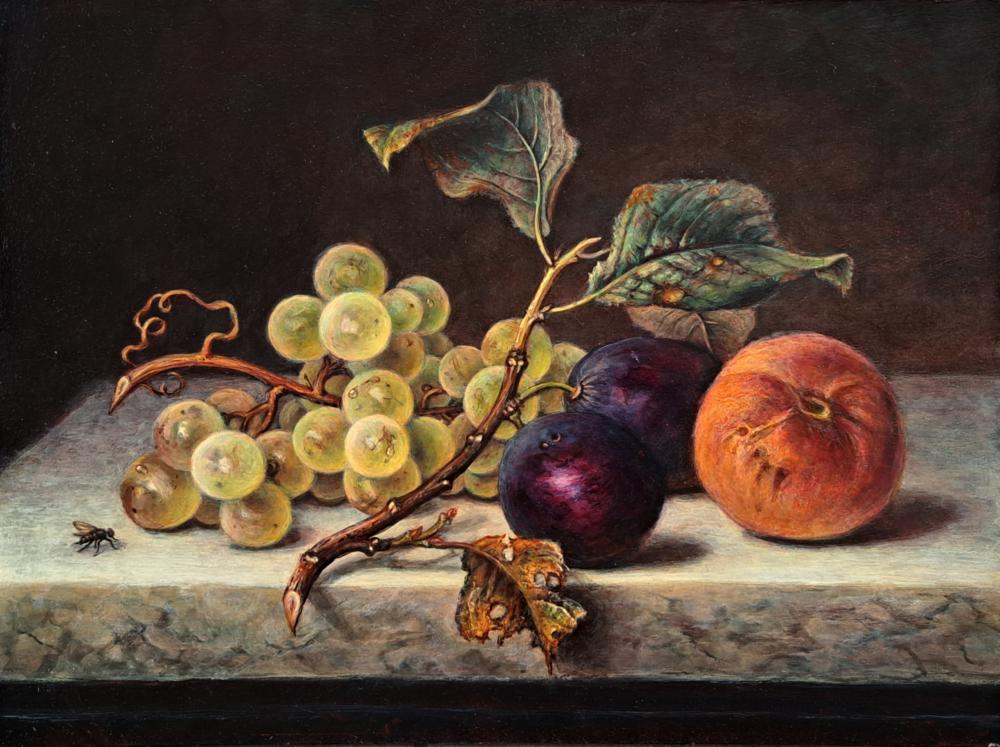A free copy of Emilie Preyer's painting "Still Life with Grapes, Plums, and a Peach"