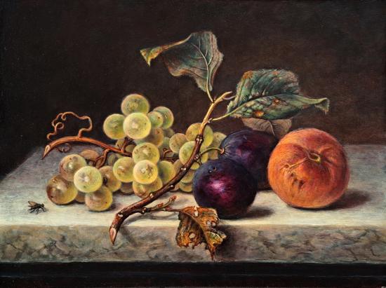 A free copy of Emilie Preyer's painting "Still Life with Grapes, Plums, and a Peach"